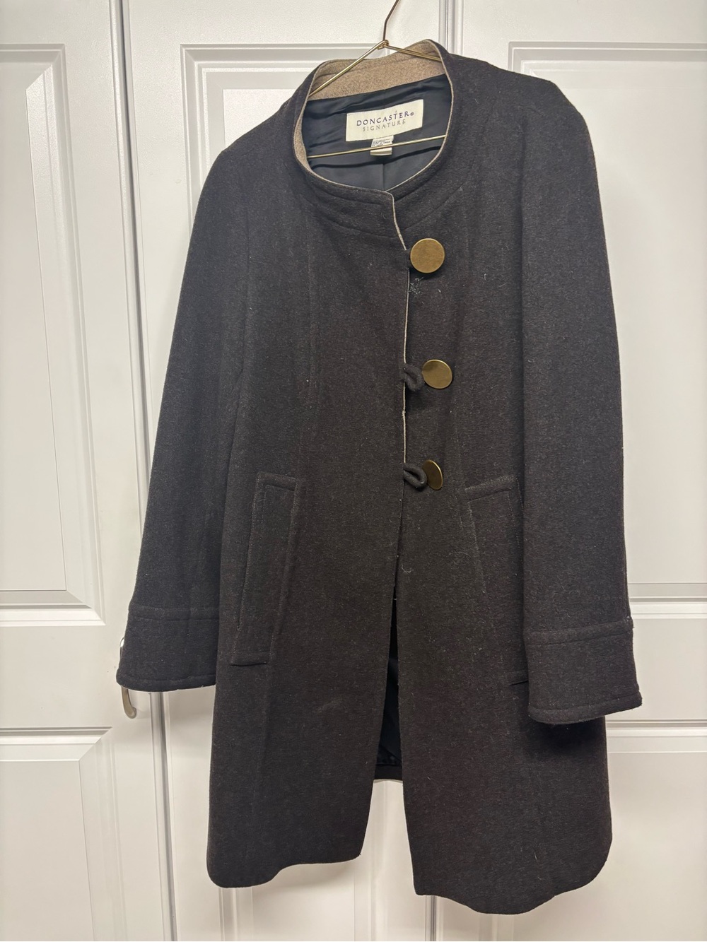 Doncaster Dark Brown Wool Pea Coat with Brass Buttons